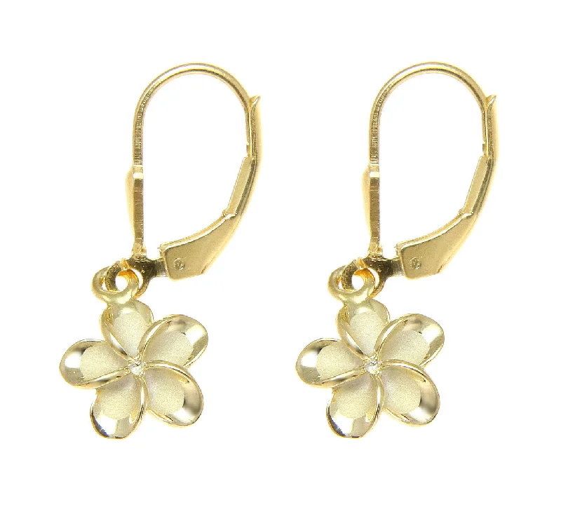 925 Silver Yellow Gold Hawaiian Plumeria Flower No CZ Stone Leverback Earrings