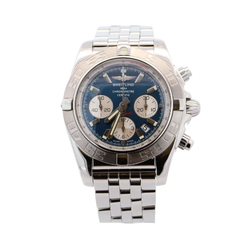 Breitling Chronomat Stainless Steel 44mm Blue Chronograph Stick Dial Watch Ref#  AB0110