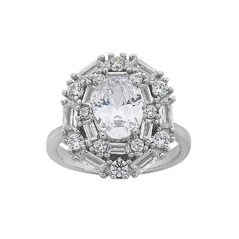 Sterling Silver Cubic Zirconia Baguette and Brilliant Halo Ring