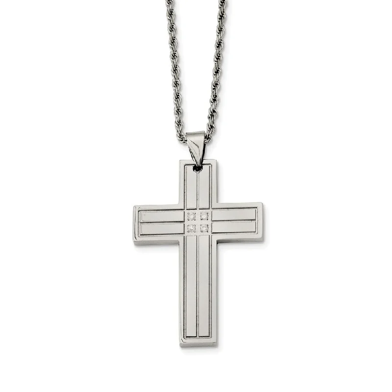 Stainless Steel Grooved Cross w/Cubic Zirconia's Necklace - 24 Inch