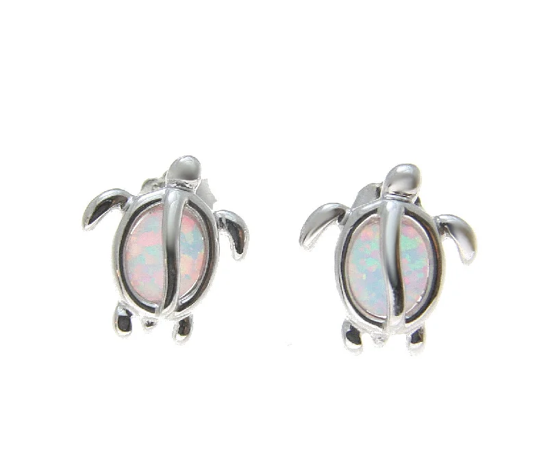 925 Sterling Silver Rhodium Hawaiian Honu Turtle White Opal Post Stud Earrings