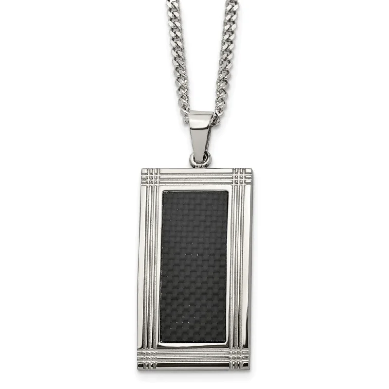 Stainless Steel & Black Carbon Fiber Grooved Dog Tag Necklace, 24 Inch