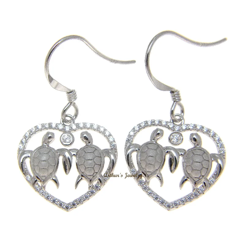 SOLID 925 SILVER HAWAIIAN COUPLE TURTLE CZ HEART RHODIUM WIRE HOOK EARRINGS