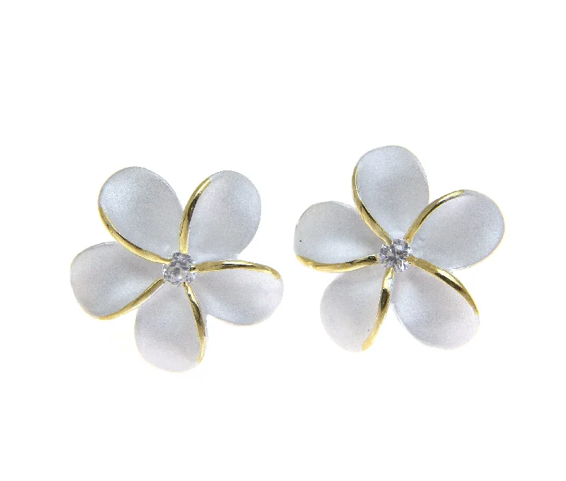 STERLING SILVER 925 HAWAIIAN PLUMERIA FLOWER EARRINGS POST STUD 20MM 2T YELLOW