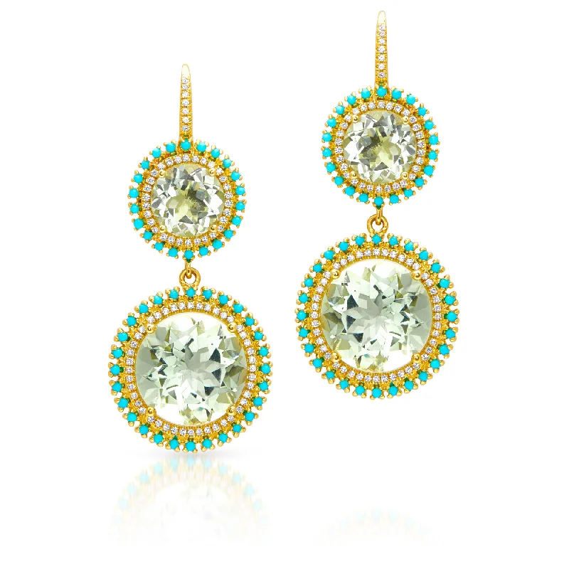 14KT Yellow Gold Green Amethyst Diamond Kai Double Drop Earrings