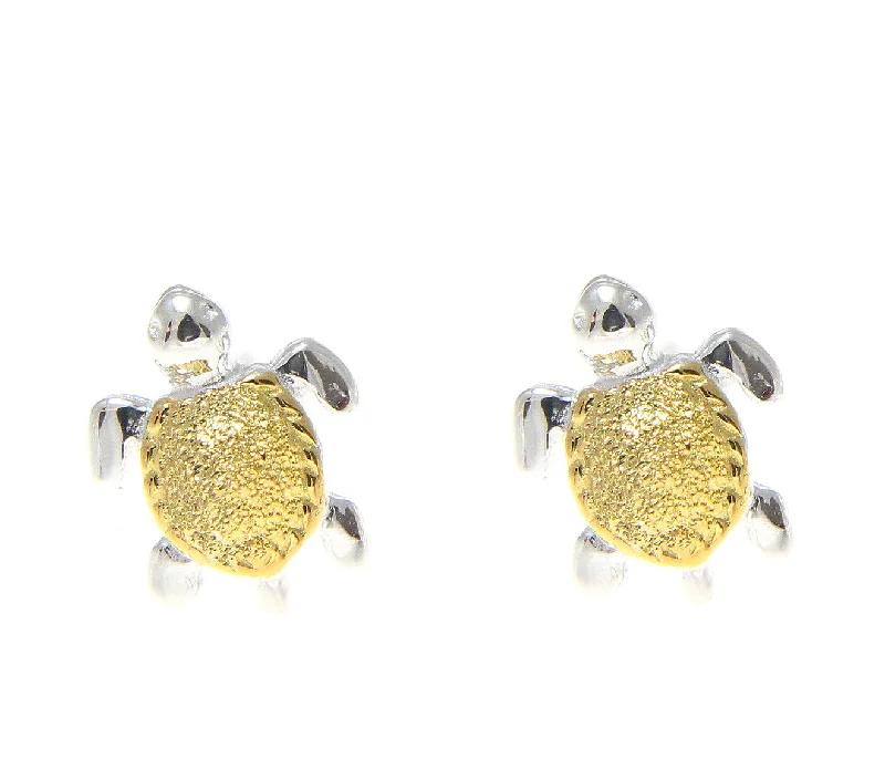 YELLOW GOLD 925 SILVER 2 TONE HAWAIIAN SEA TURTLE STUD EARRINGS EXTRA SMALL 7MM