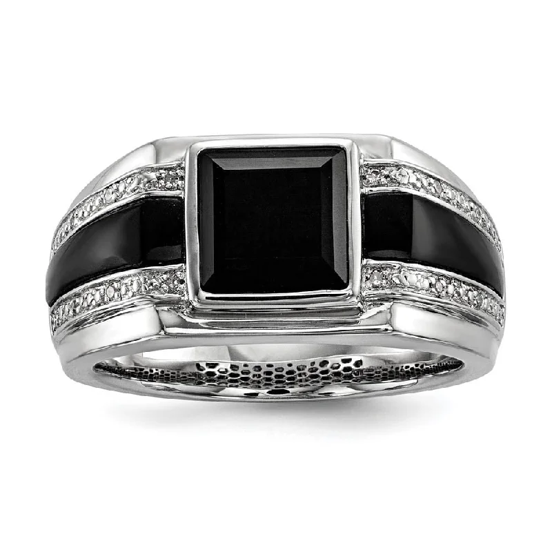 Mens White Diamond & Black Onyx 11.5mm Tapered Band in Sterling Silver