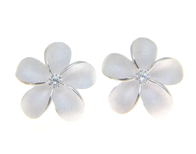 STERLING SILVER 925 HAWAIIAN PLUMERIA FLOWER CZ POST STUD EARRINGS 22MM