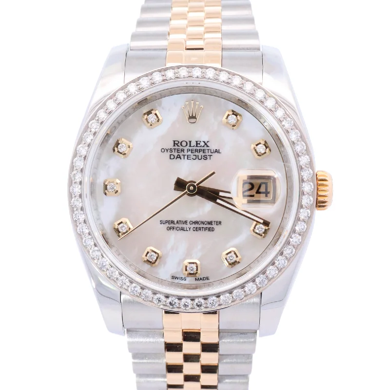 Rolex Datejust Two Tone Yellow Gold & Steel 36mm White MOP Diamond Dial Watch Reference #: 116233