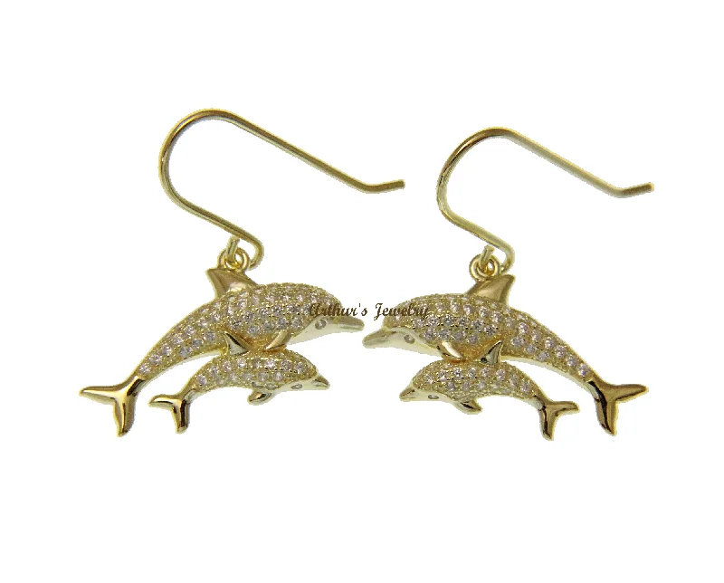 YELLOW GOLD PLATED SILVER 925 CZ HAWAIIAN DOLPHIN MOTHER BABY HOOK EARRINGS