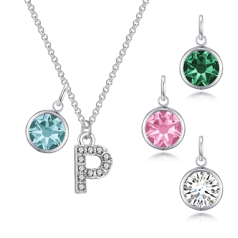 Pave Initial P Necklace with Birthstone Charm Created with Zircondia® Crystals