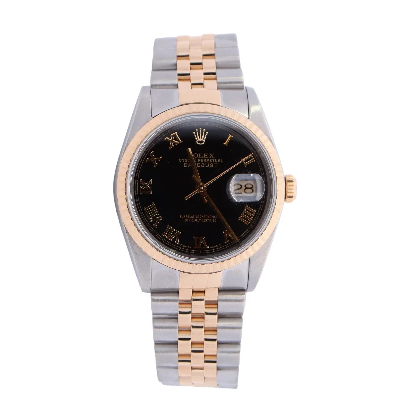 Rolex Datejust Two Tone Yellow Gold & Steel Black Roman Dial Watch Reference #: 16233