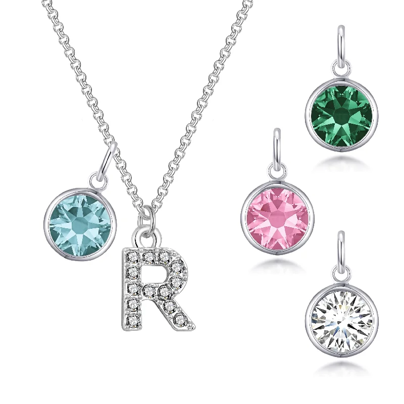 Pave Initial R Necklace with Birthstone Charm Created with Zircondia® Crystals