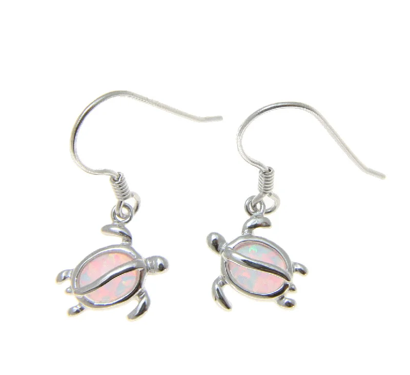 925 Sterling Silver Rhodium Hawaiian Honu Turtle White Opal Hook Wire Earrings