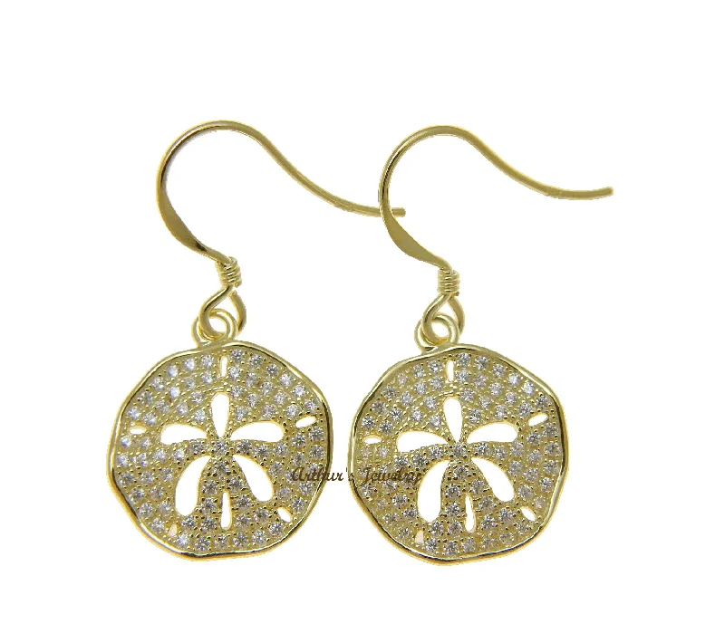 YELLOW GOLD PLATED 925 SILVER HAWAIIAN SAND DOLLAR HOOK EARRINGS CZ 15MM