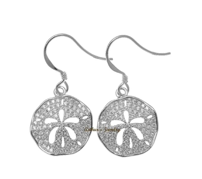 RHODIUM PLATED 925 SILVER HAWAIIAN SAND DOLLAR HOOK EARRINGS CZ 15MM