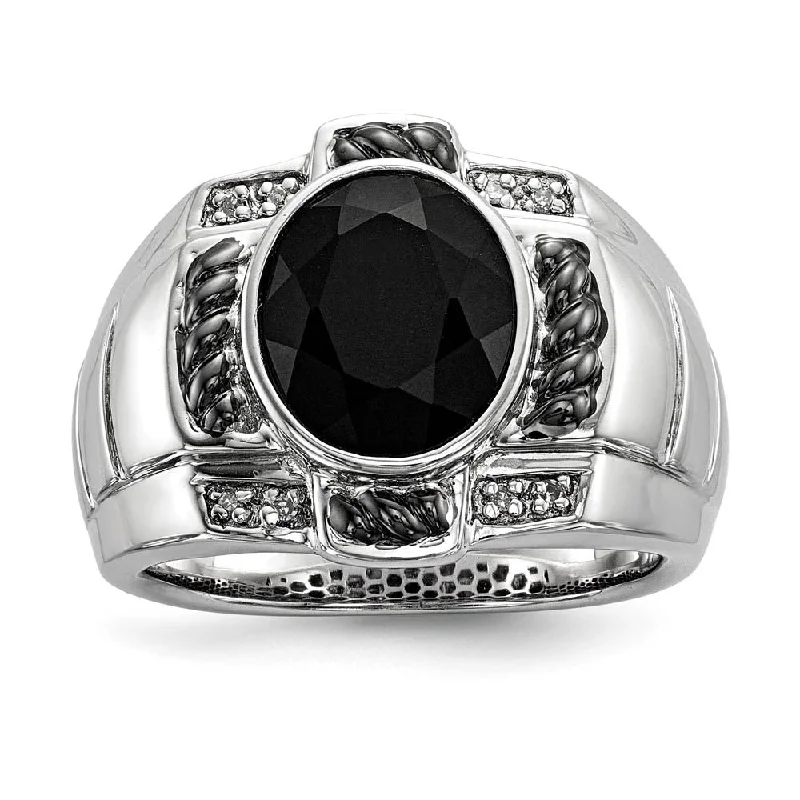 Oval Black Onyx & Diamond Two Tone Sterling Silver Tapered Ring