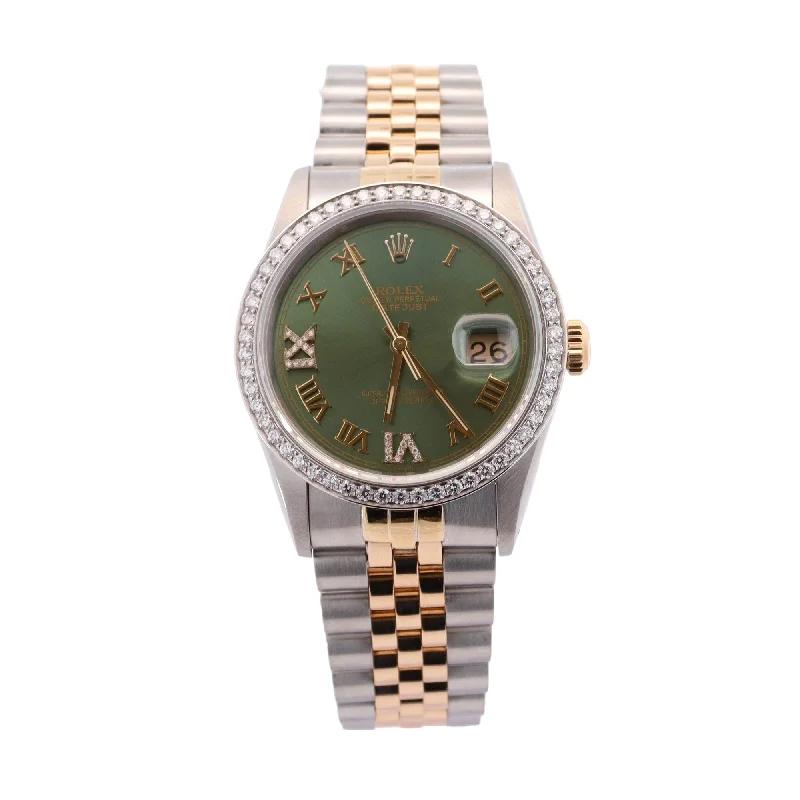 Rolex Datejust Two Tone Yellow Gold & Steel 36mm Green Roman Diamond #6 & #9 Dial Watch Ref# 16233