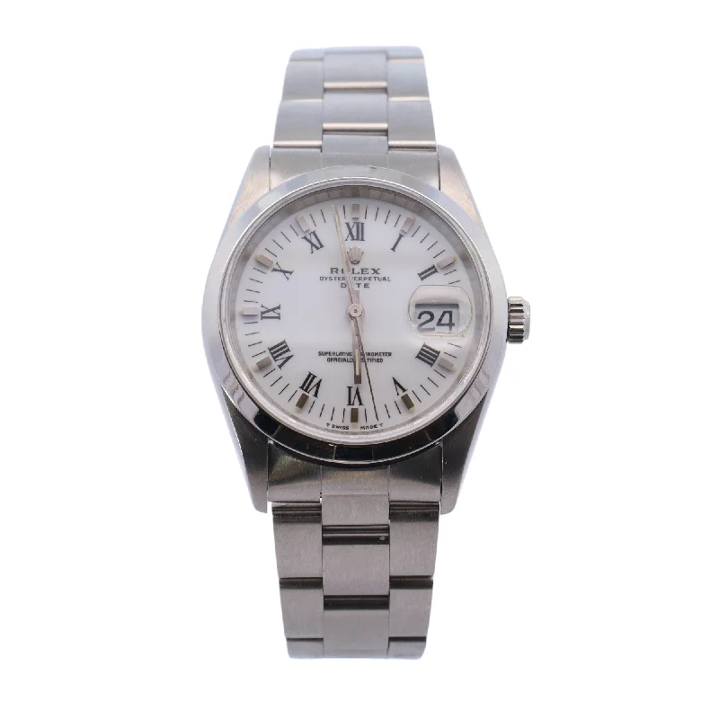 Rolex Oyster Perpetual Date Stainless Steel 34mm White Roman Dial Watch Reference #: 15200