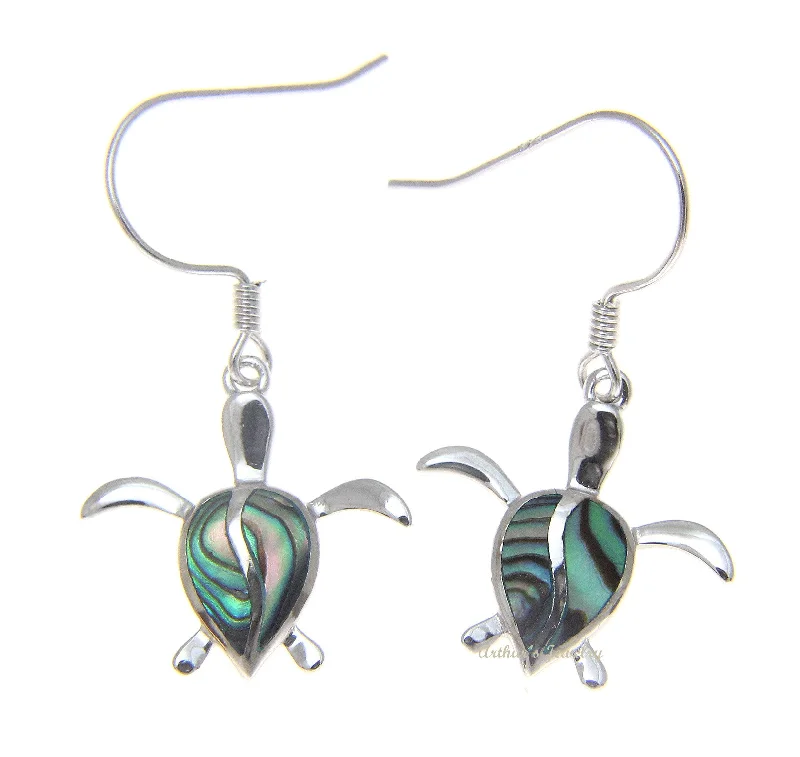 925 Sterling Silver Hawaiian Honu Sea Turtle Abalone Shell Paua Hook Earrings