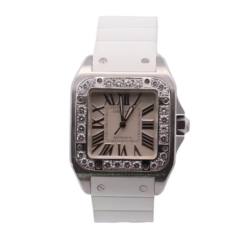 Cartier Santos 100 Stainless Steel 32mm White Roman Dial Watch Reference # W20122U2