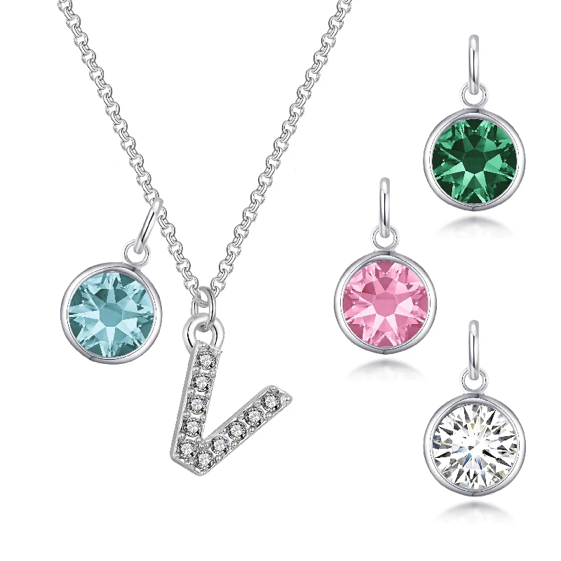 Pave Initial V Necklace with Birthstone Charm Created with Zircondia® Crystals