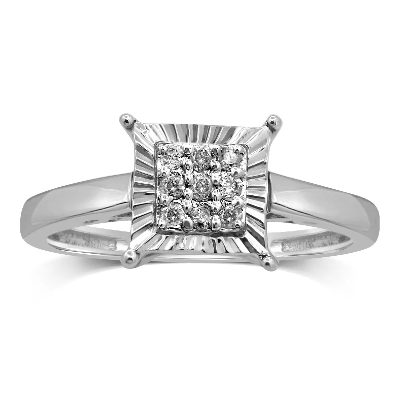 Sterling Silver Brilliant Claw with Miracle Halo Square Look Ring with 0.10ct of Diamonds