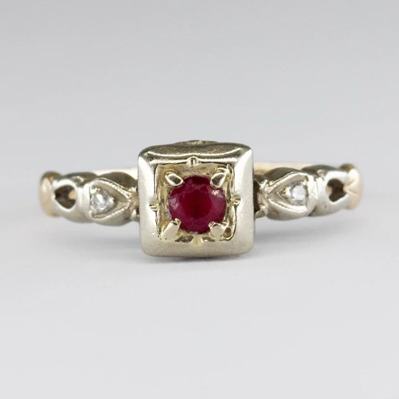 14k Synthetic Ruby and Diamond Mid Century Ring | 0.10 ct | SZ 5