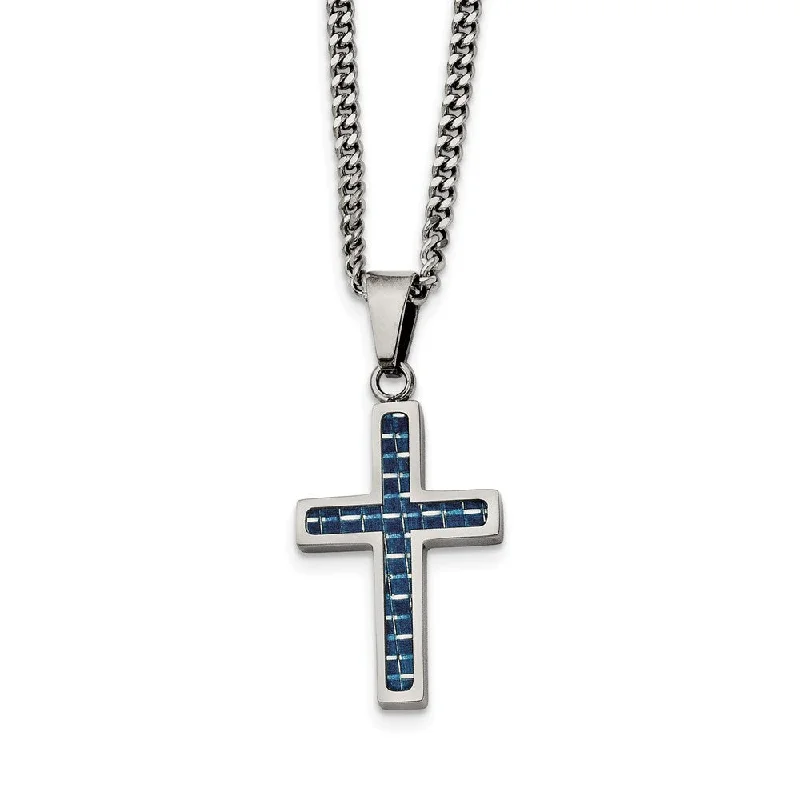 Stainless Steel & Blue Carbon Fiber Small Cross Necklace, 20 Inch