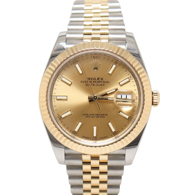 Rolex Datejust 41mm Two Tone Yellow Gold & Steel Champagne Stick Dial Watch Reference #: 126333