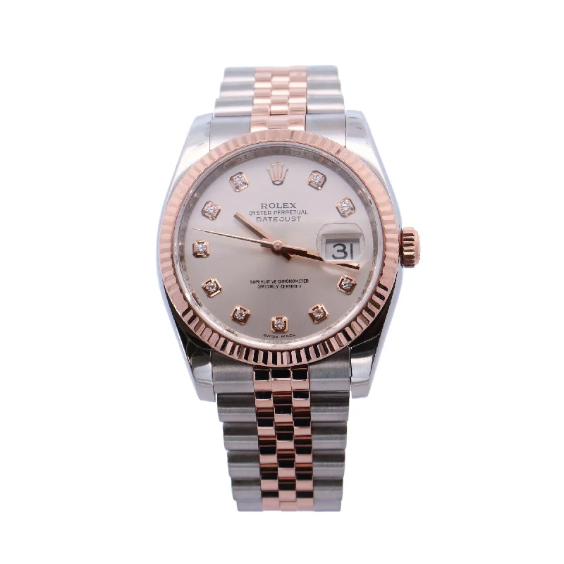 Rolex Datejust Two-Tone Stainless Steel Rose Gold 36mm Silver Diamond Dial Watch Reference #: 116231