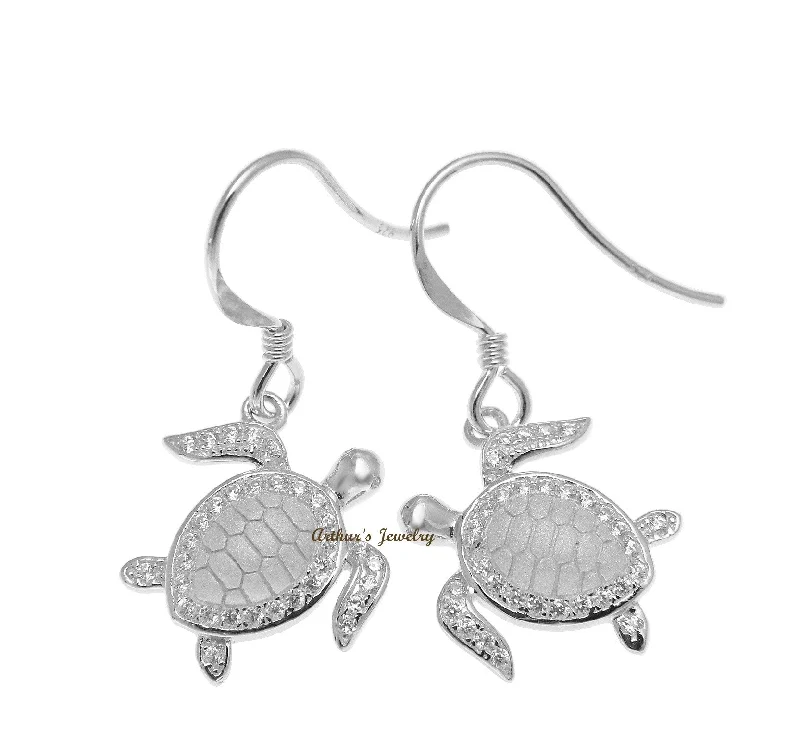 SOLID 925 STERLING SILVER HAWAIIAN SEA TURTLE HONU HOOK EARRINGS CZ RHODIUM