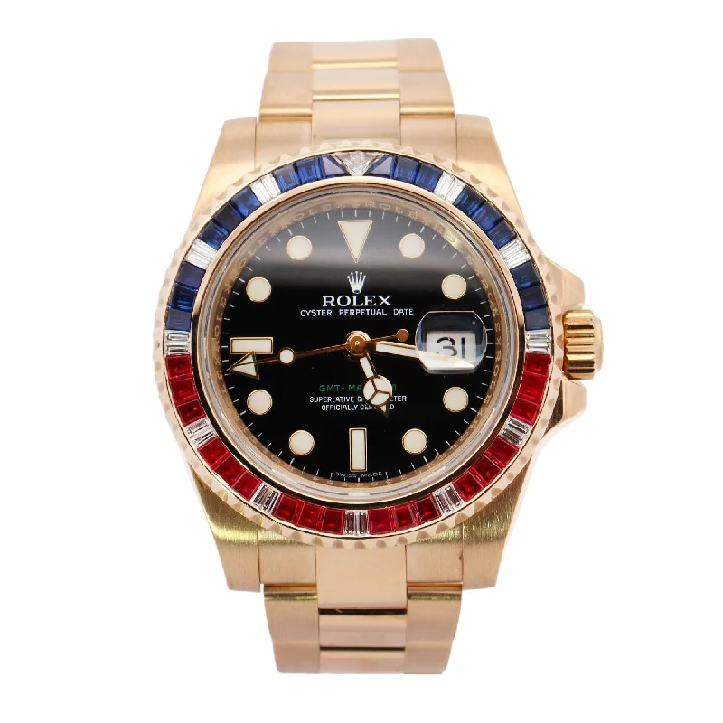 Rolex GMT-Master II Yellow Gold 40mm Black Dot Dial Watch Reference# 116748SARU