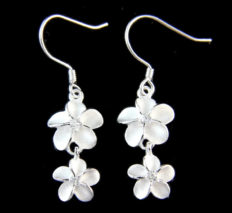 SILVER 925 HAWAIIAN PLUMERIA FLOWER 10MM DANGLE 8MM WIRE HOOK EARRINGS WHITE CZ