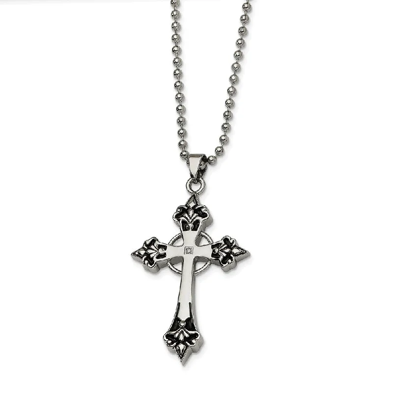 Stainless Steel Black Enamel & Diamond Celtic Cross Necklace - 24 Inch