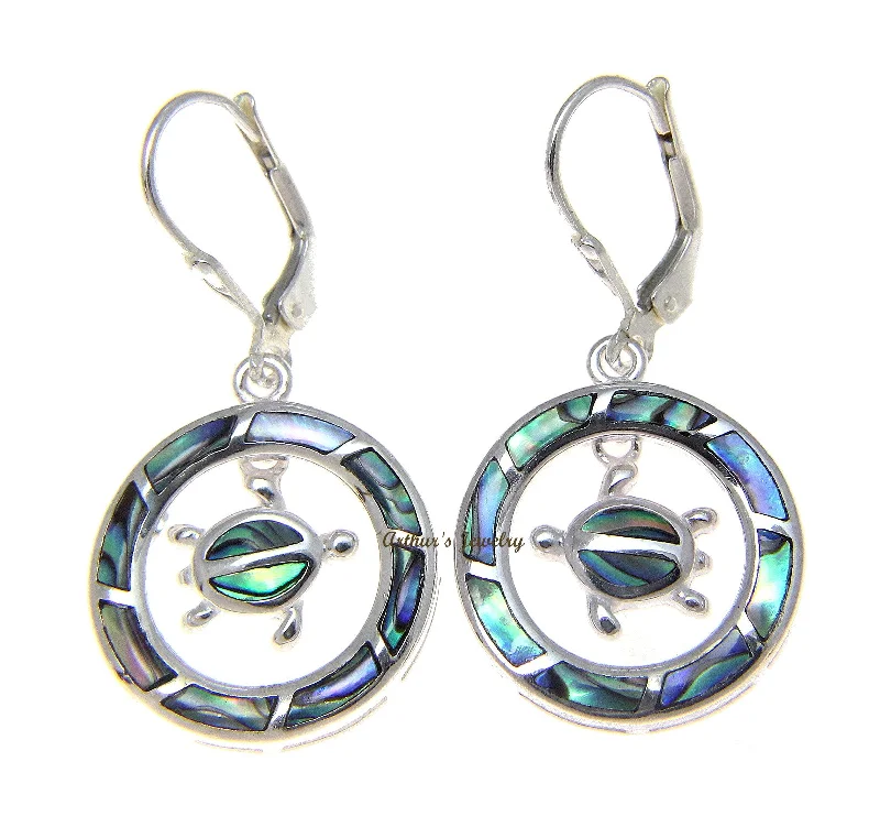 925 Silver Hawaiian Circle Honu Sea Turtle Abalone Shell Paua Leverback Earrings