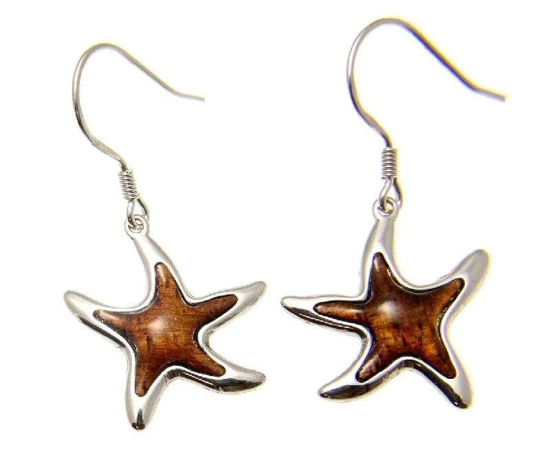 GENUINE INLAY HAWAIIAN KOA WOOD SEA STARFISH EARRINGS HOOK LEVERBACK SILVER 925