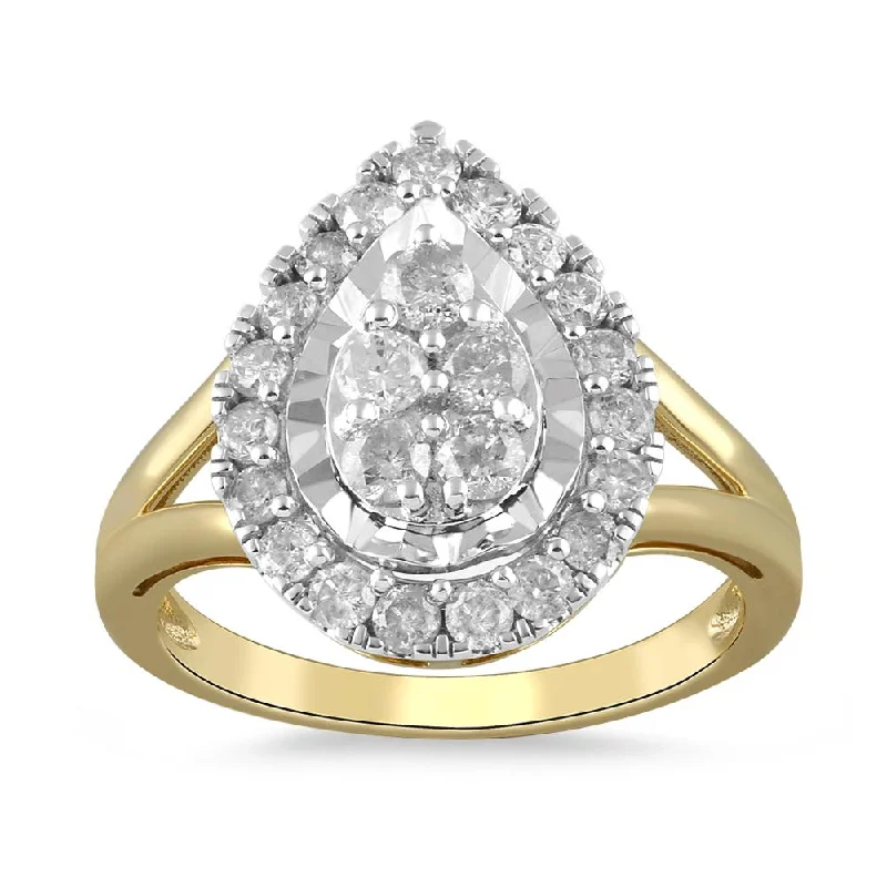 Brilliant Miracle Pear Halo Ring with 1.00ct of Diamonds in 9ct Yellow Gold