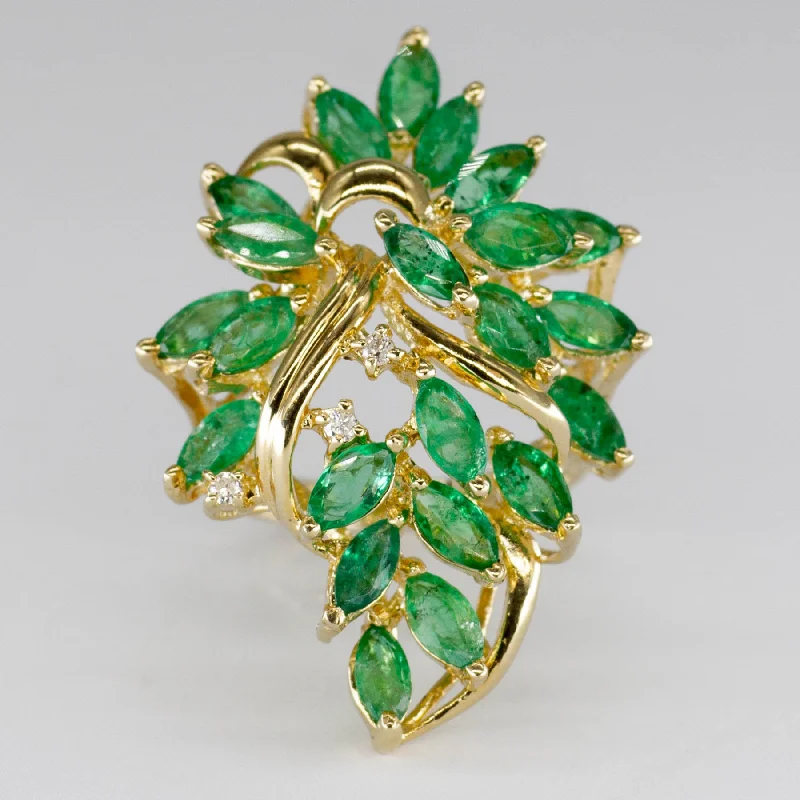 Emerald and Diamond Cocktail Cluster Ring | 1.35ctw, 0.03ctw |SZ 5.5 |