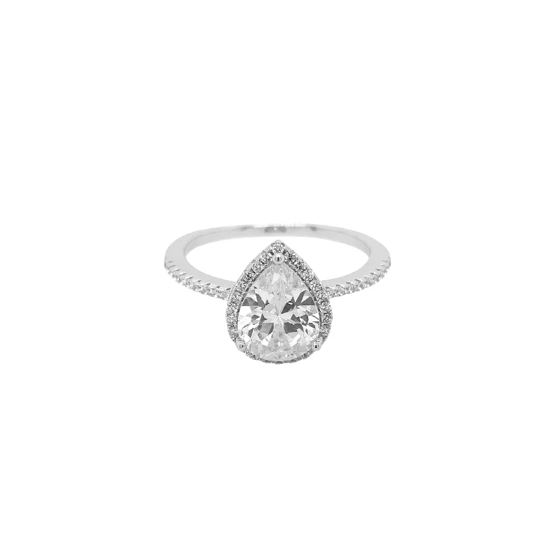 Sterling Silver Cubic Zirconia Pear Halo Ring