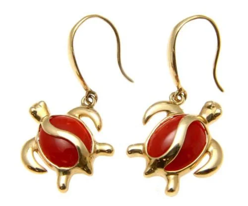 GENUINE NATURAL RED CORAL HOOK EARRINGS HAWAIIAN HONU TURTLE 14K YELLOW GOLD