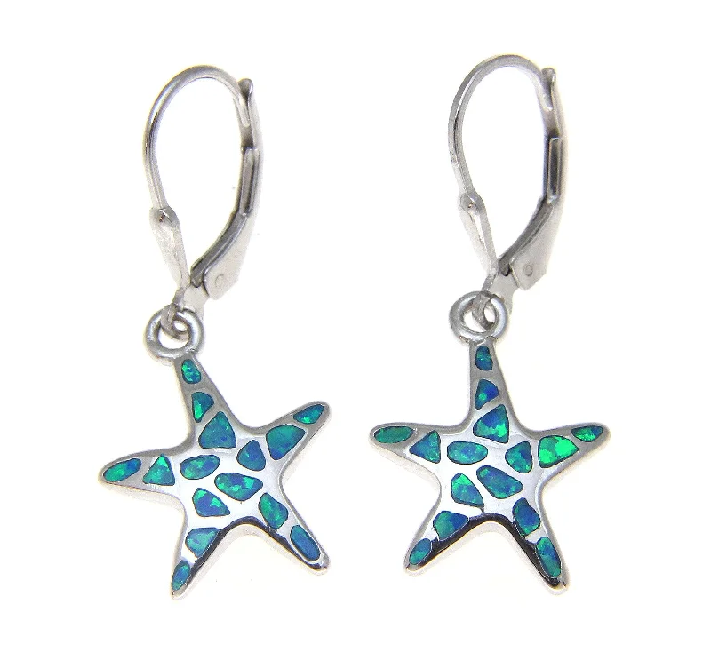 925 Silver Rhodium Hawaiian Starfish Sea Star Blue Opal Leverback Earrings