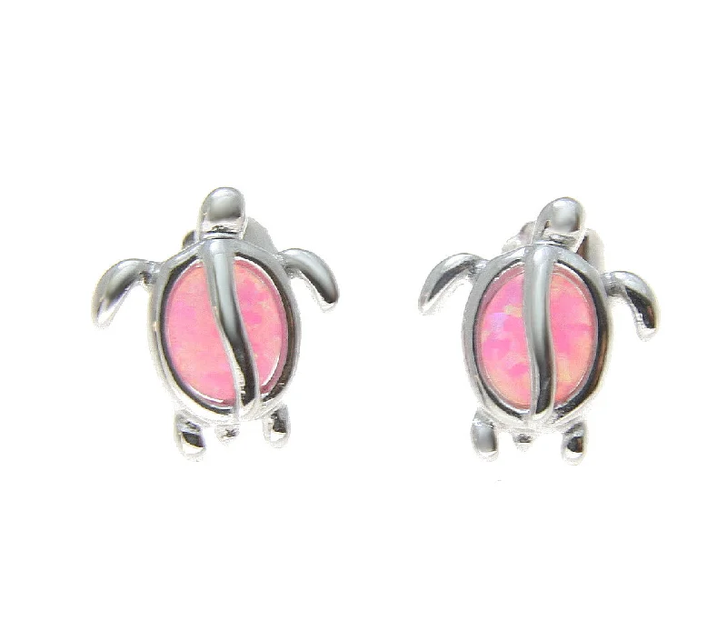 925 Sterling Silver Rhodium Hawaiian Honu Turtle Pink Opal Post Stud Earrings