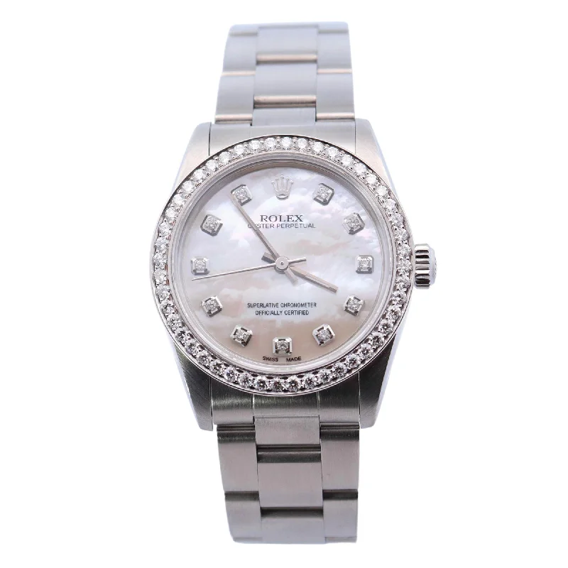 Rolex Oyster Perpetual Stainless Steel 31mm Custom White MOP Diamond Dial Watch | Ref# 77080