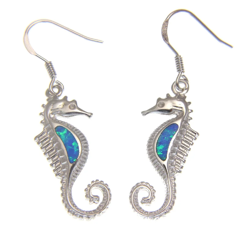 925 Sterling Silver Rhodium Hawaiian Seahorse Blue Opal Hook Wire Earrings