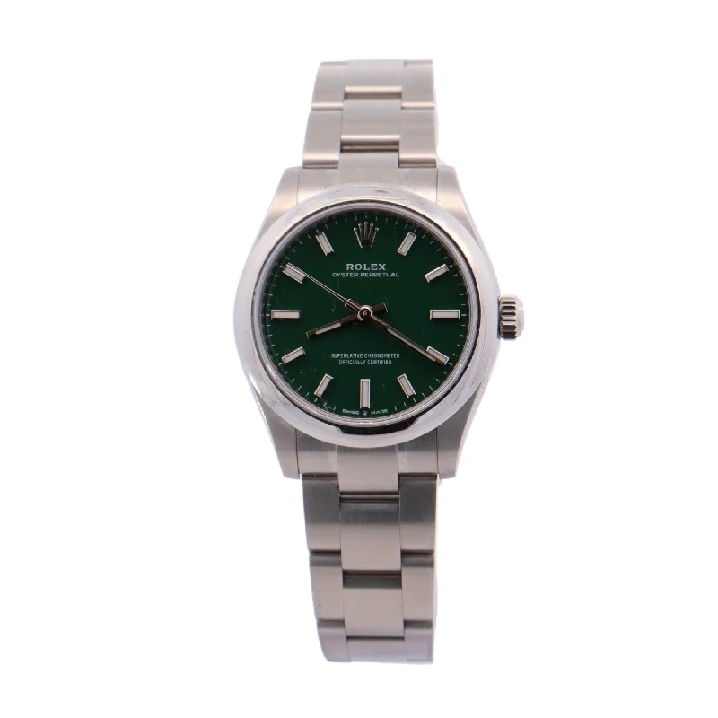 Rolex Oyster Perpetual Stainless Steel 31mm Green Stick Dial Watch Ref# 277200