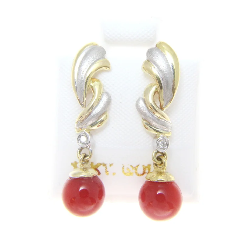 GENUINE NATURAL RED CORAL BALL DIAMOND DANGLE EARRINGS 14K YELLOW WHITE GOLD