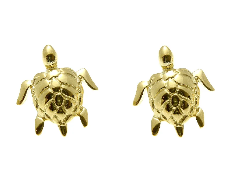 YELLOW GOLD PLATED SILVER 925 HAWAIIAN SHINY SEA TURTLE STUD EARRINGS 12MM