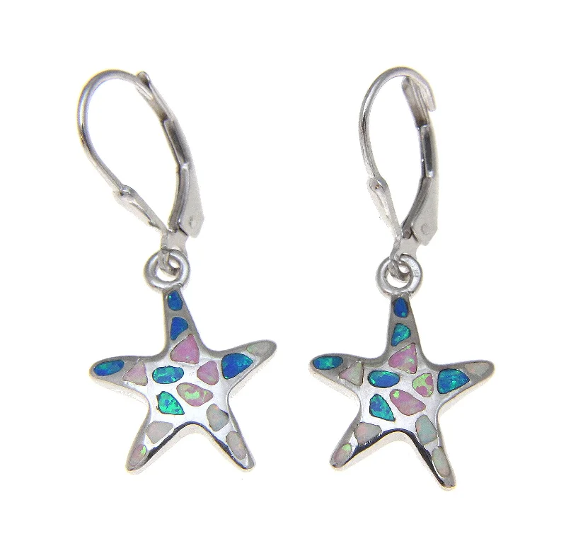 925 Silver Rhodium Hawaiian Starfish Sea Star Multi Opal Leverback Earrings