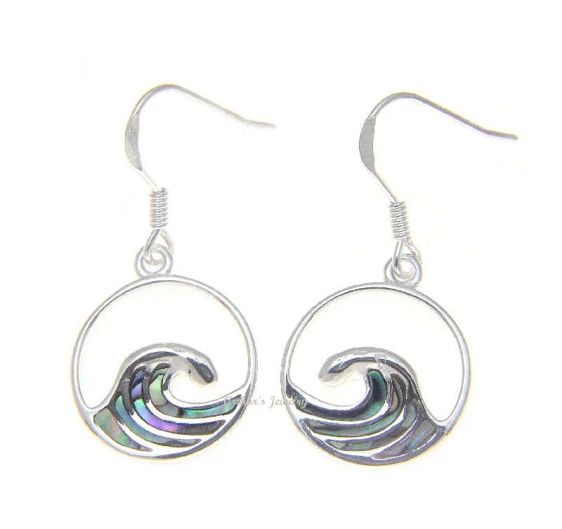 925 Sterling Silver Hawaiian Ocean Wave Circle Abalone Shell Paua Hook Earrings